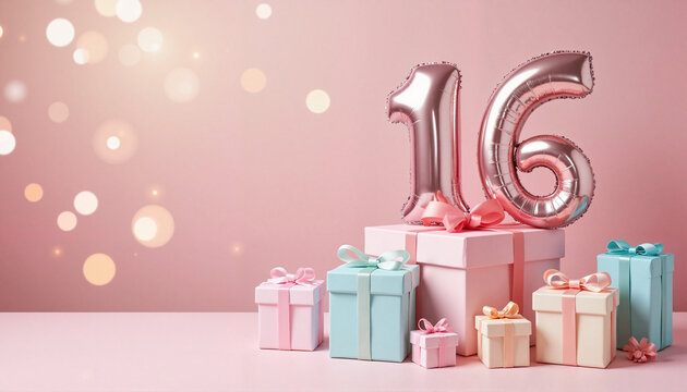 Charming pastel gift boxes with "16" balloon, festive celebration, Sweet 16 celebration