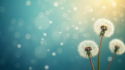 Obraz premium Dandelion flowers with flying seeds on blurred blue background with sunlight and bokeh effect. Spring nature scene with copy space