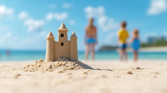 Sandcastle on beach with caucasian family in background on sunny day