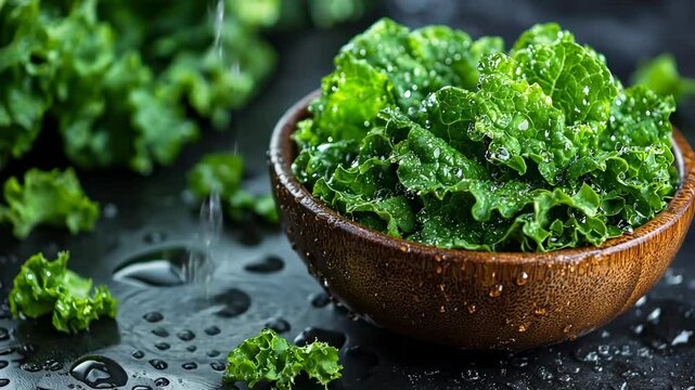 Fresh kale being rinsed in a wooden bowl, water droplets on dark surface