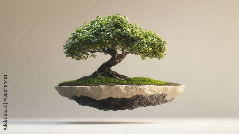 Poster floating tree on rock platform with grass and natural elements