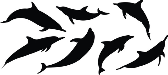 Silhouette set of dolphin isolated on white background, vector illustration