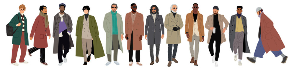 Set of diverse men wearing modern winter, autumn, spring outfit standing, walking. Multiracial male characters in coat, suit, casual clothes. Vector realistic illustration isolated