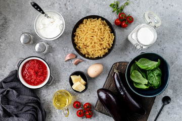 Ingredients for fusilli pasta casserole with vegetables.