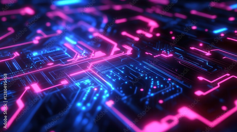 Poster futuristic circuit board design with neon lights and colorful patterns