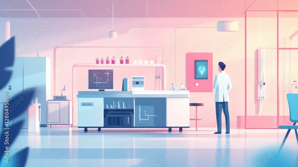 Poster modern laboratory scene with a scientist analyzing data on a screen, surrounded by equipment