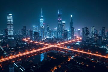 Futuristic cityscape with glowing structures and digital pathways, showcasing advanced urban innovation.