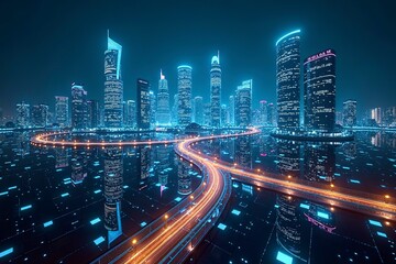 Obraz premium Futuristic cityscape with glowing structures and digital pathways, showcasing advanced urban innovation.