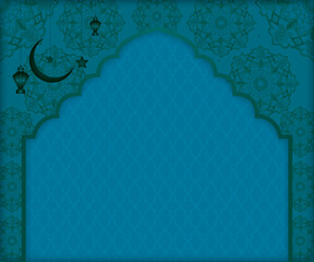Islamic banner background | Abstract Texture background with moon, star, lamp, pattern | Floral modern background for greeting, Ramadan, Eid, flyer, futuristic, Calendar with dark teal color