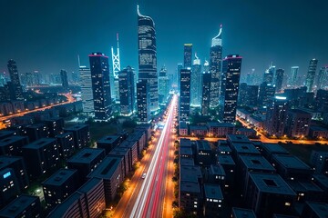 Futuristic cityscape with glowing structures and digital pathways, showcasing advanced urban innovation.