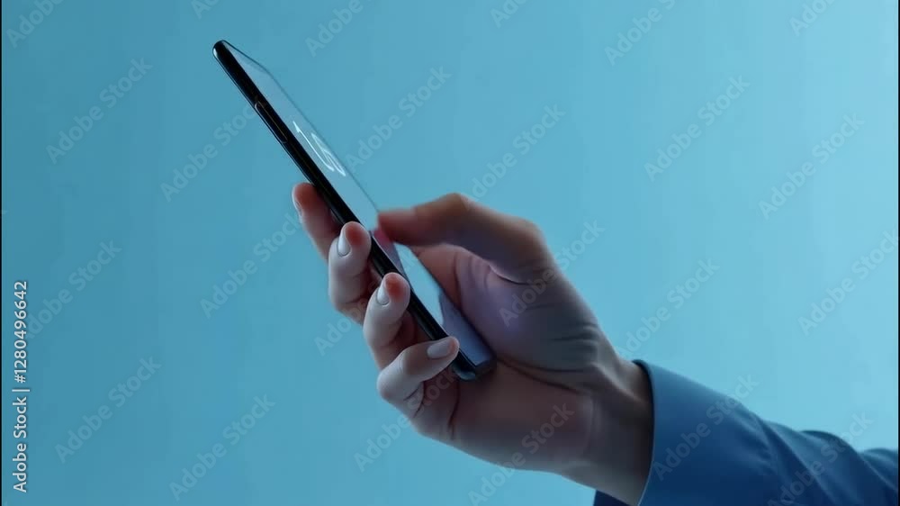 Poster the hand holds the smartphone. the background is blue. it can be seen that the person is using the d