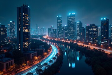 Fototapeta premium Futuristic cityscape with glowing structures and digital pathways, showcasing advanced urban innovation.