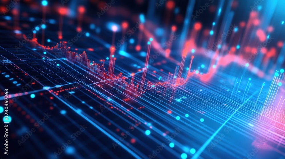 Poster abstract digital data visualization with vibrant blue and red lines on a dark background