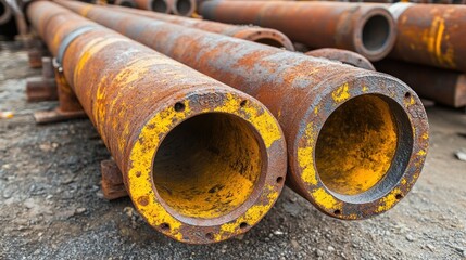 Close-up of rusty, large diameter metal pipes with yellow markings, outdoors.