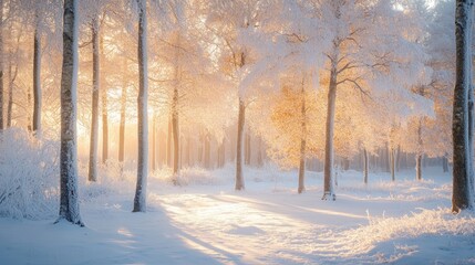 Naklejka premium A peaceful frosty forest in the morning light, with trees covered in fresh snow.