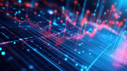 Fototapeta premium Abstract digital data visualization with vibrant blue and red lines on a dark background