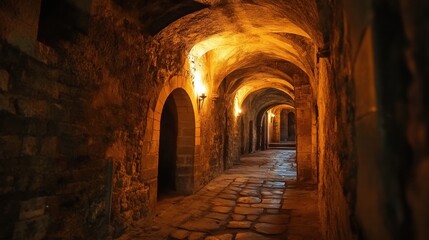 Illuminated stone corridor with arches in a historic building basement