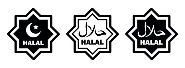 Halal logo, icons set. Stamp for hahal food. Crescent and star, black and white vector illustration.