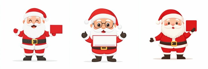 Cheerful Santa Claus Characters Holding Signs Festive Holiday Season Celebrations Graphic Illustrations