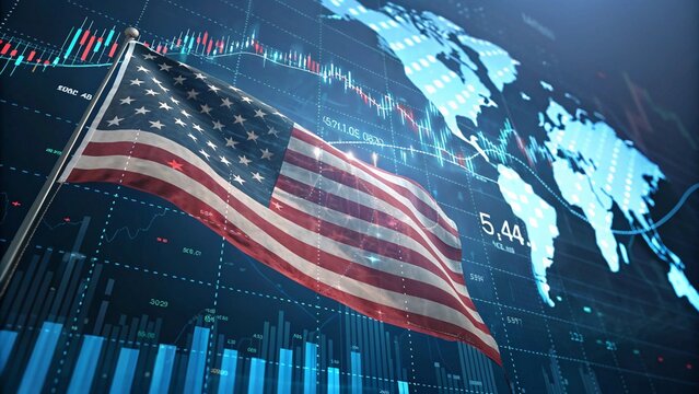 digital stock market data visualization with american flag symbolizing us economy
