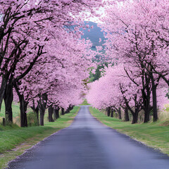 Pink Blossom Pathway: A picturesque road winds through a breathtaking tunnel of cherry blossom trees, their delicate pink blooms creating a captivating spectacle of beauty.