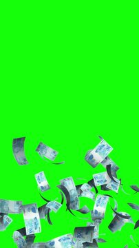 Explos&atilde;o de dinheiro notas R$ 100 Reais isolado em fundo verde e transpar&ecirc;ncia luma matte m&aacute;scara alpha channel v&iacute;deo vertical 4K 60fps