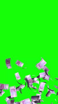 Money explosion overlay $ 100 euro bill isolated green screen chroma key and luma matte alpha channel mask 4K 60fps vertical video
