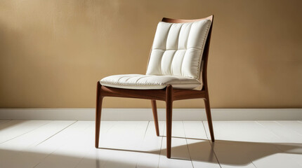An elegant wooden chair with a soft white pillow stands against a warm beige wall. Its graceful shapes and minimalist design create a sense of harmony and style.