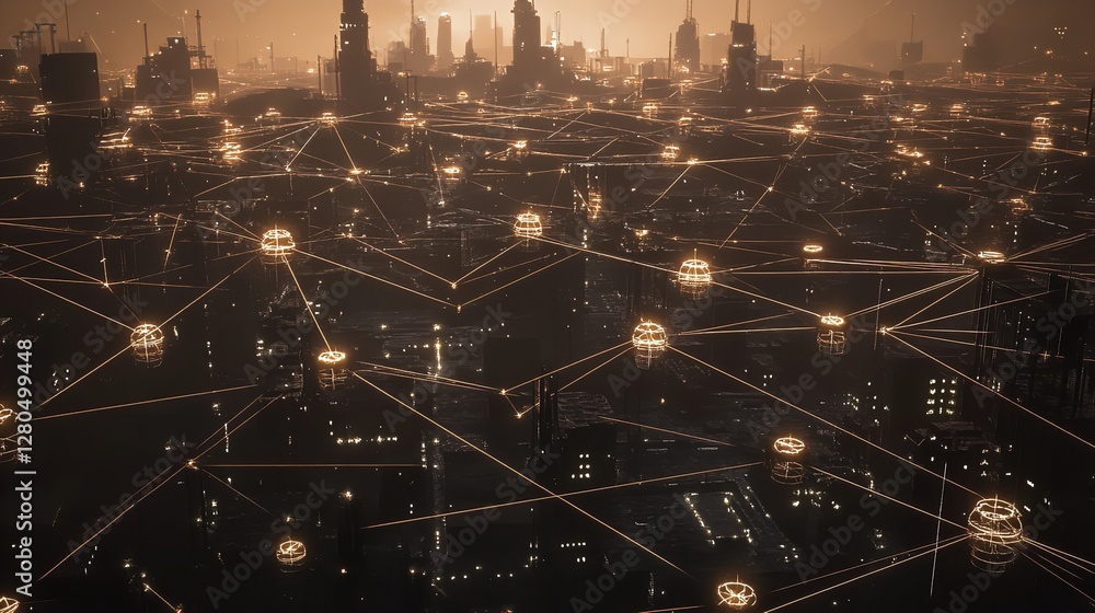 Aufkleber futuristic cityscape network digital art golden lines abstract background fi sci web grid data dark