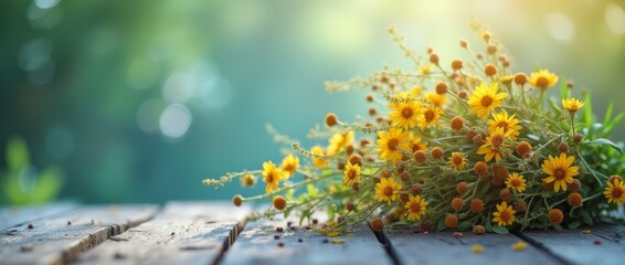 Bouquet of yellow wildflowers on wooden table against blurred green background. Rustic floral arrangement for decoration and greeting cards