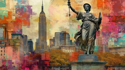 Fototapeta premium Statue of civic virtue overlooks new york city skyline