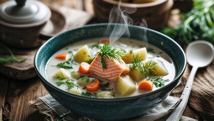 Steaming bowl of creamy salmon soup with vegetables.