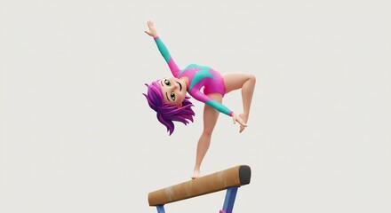 A 3D cartoon-style female gymnast balancing gracefully on a beam, wearing a vibrant pink and teal leotard, with dynamic purple hair and a joyful expression.
