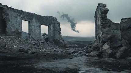 Bleak remnants, A desolated structure against a somber backdrop