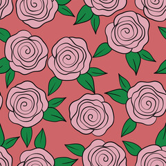 Spring colorful vector illustration with roses. Cartoon style. Design for fabric, textile, paper. Holiday print for Easter, Birthday, 8 march. Flowers with leaves.
