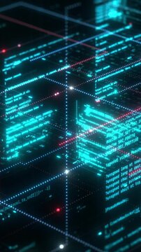 abstract complex neural data network with programming code, concept of web development, machine learning, artificial intelligence, futuristic technology (3d render)
