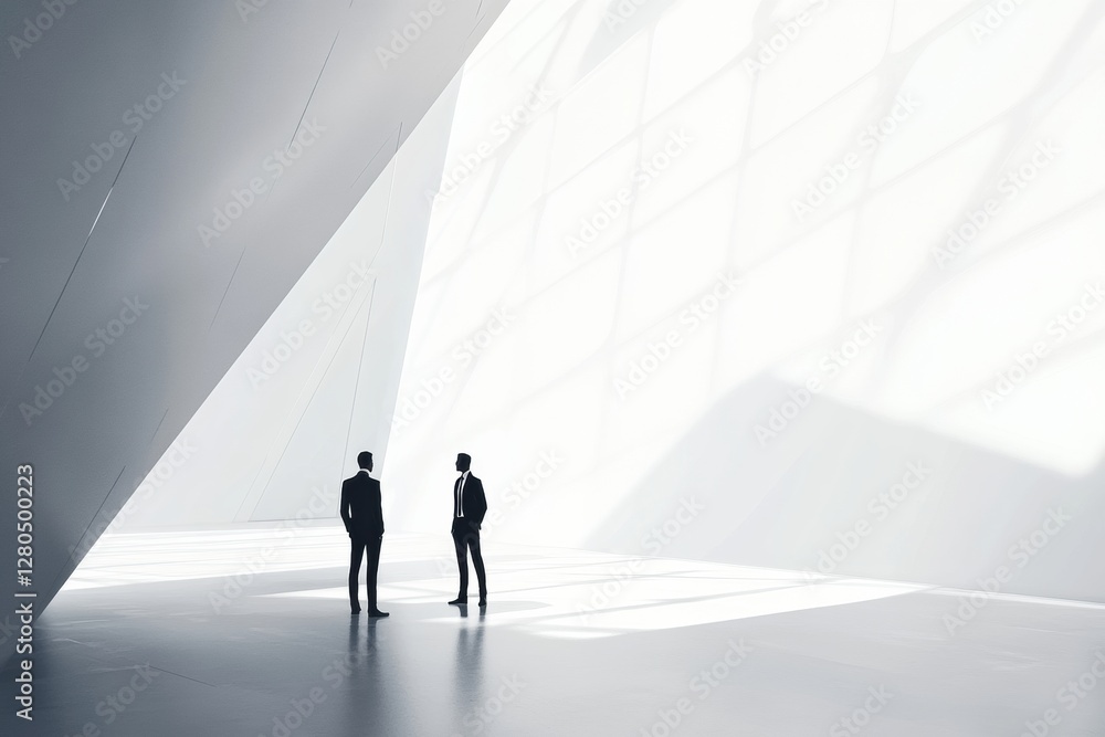 Poster negotiation between two silhouetted figures in a modern architectural space during daytime. generati