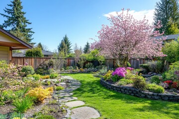 Vibrant blossoms flourish in a sunny backyard garden, showcasing nature's beauty under a clear blue sky.