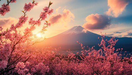 Sunrise over Mt. Fuji with Cherry Blossoms in Japan