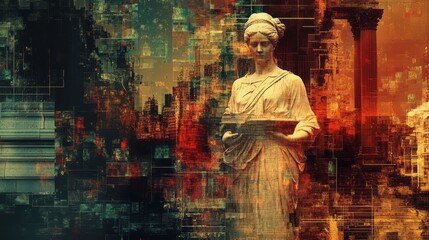 Statue of a woman stands amidst a complex abstract background