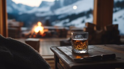 Alcohol consumption at a cozy mountain lodge with whiskey and wooden accents. Featuring warmth and adventure