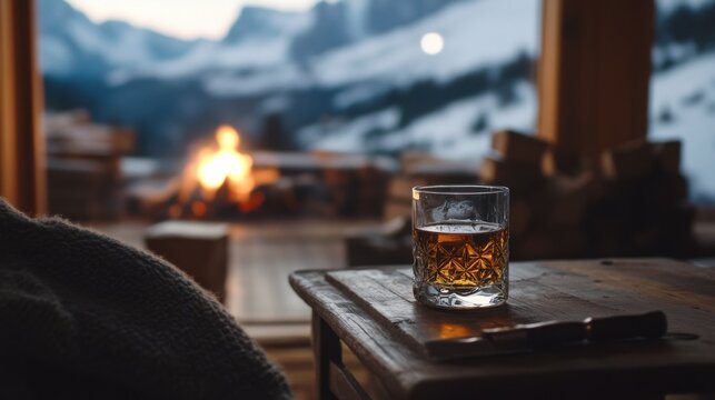 Alcohol consumption at a cozy mountain lodge with whiskey and wooden accents. Featuring warmth and adventure
