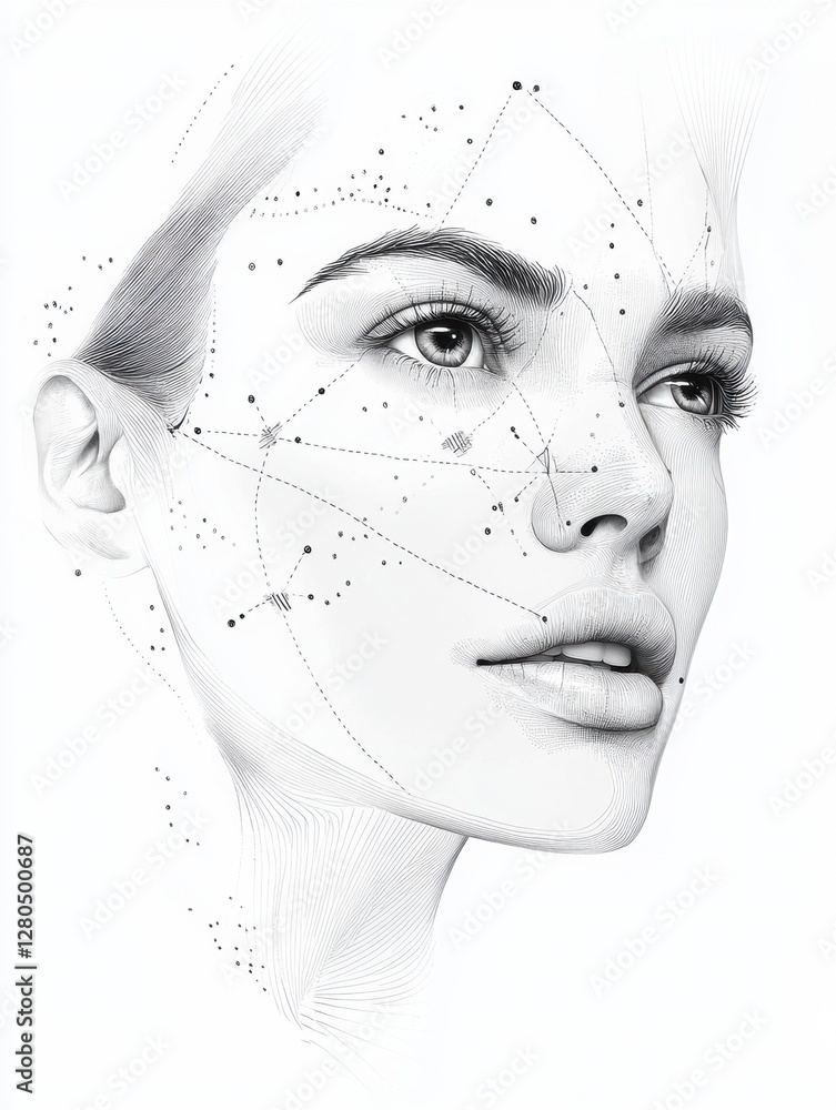 Poster medical illustration showing botox injection points on a female face with detailed anatomical featur