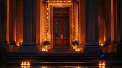 An elegant church doorway with grand pillars and candle-lit steps,