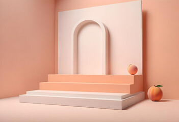 Minimalist Empty Round podium, platform, display in studio background. Tone on tone. PInk, beige, peach color. Trendy pink room for cosmetic products demonstration. Copy space for your design .