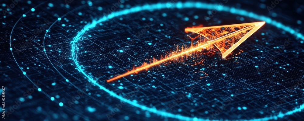 Poster a glowing orange arrow points forward amidst a blue, digital background, symbolizing direction and p