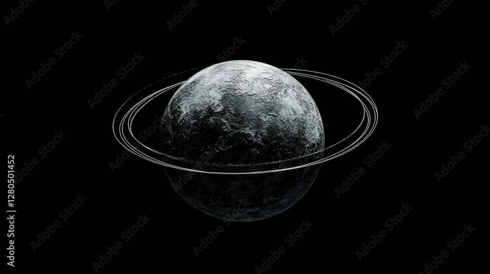 Poster surreal planet with rings in dark space background for science themes