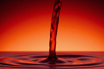 Liquid pouring into water creating rippled orange red bg