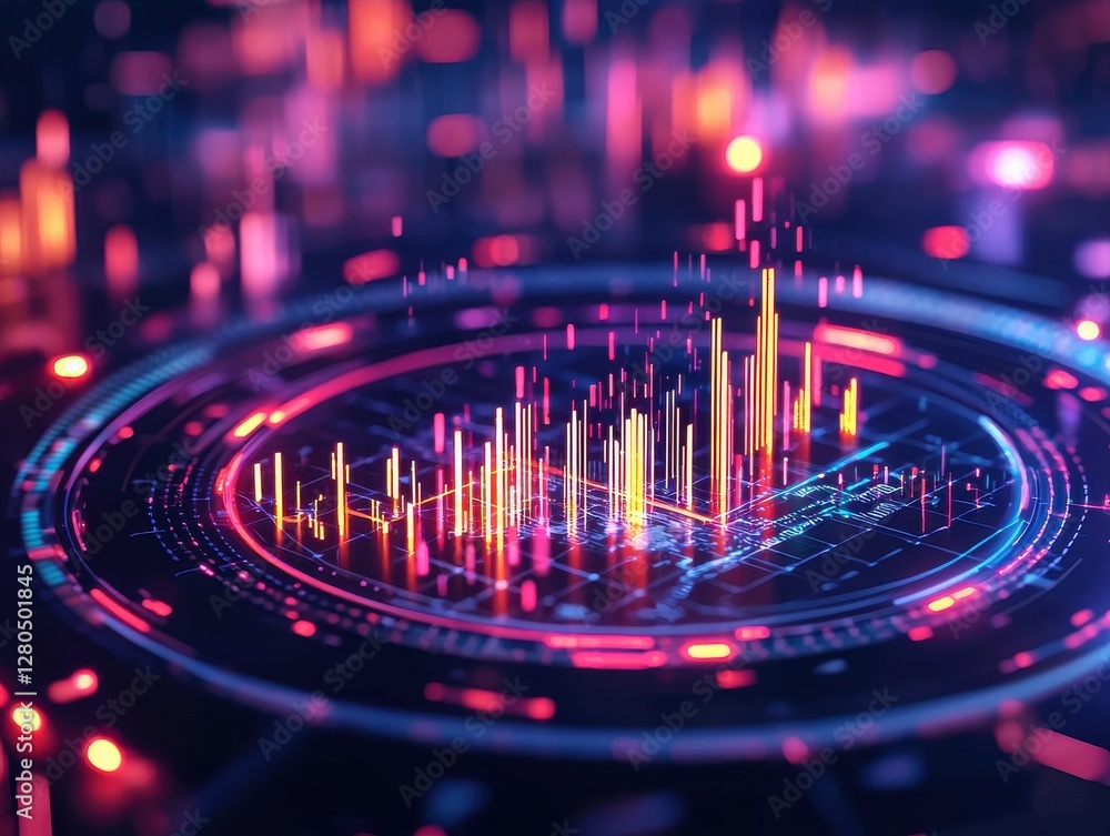 Poster a vibrant digital visualization of data analytics, showcasing colorful bar graphs and glowing elemen