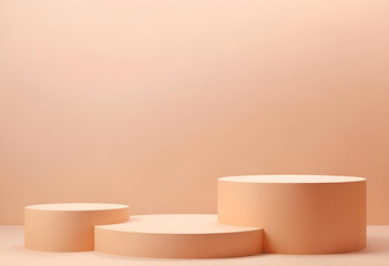 Minimalist Empty Round podium, platform, display in studio background. Tone on tone. PInk, beige, peach color. Trendy pink room for cosmetic products demonstration. Copy space for your design .